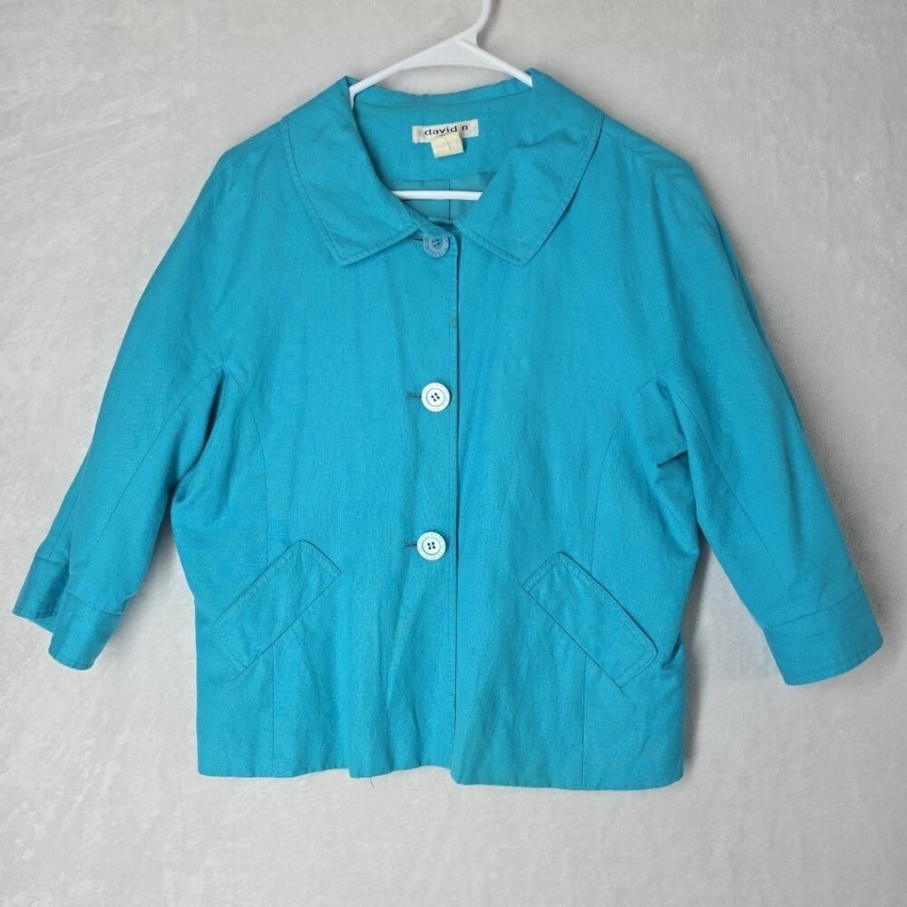 Vintage David N. Linen Rayon Blend Blazer Womems Size 12 Petite 3/4 Sleeve Blue